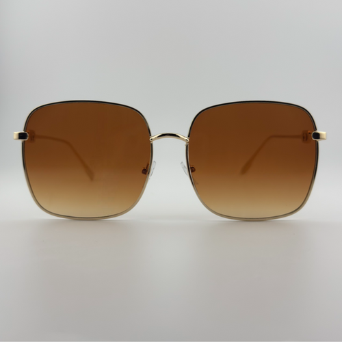 Velra Aurora – lunettes de soleil, vue de face : monture dorée minimaliste et verres carrés bruns pour une élégance aérienne et moderne.
