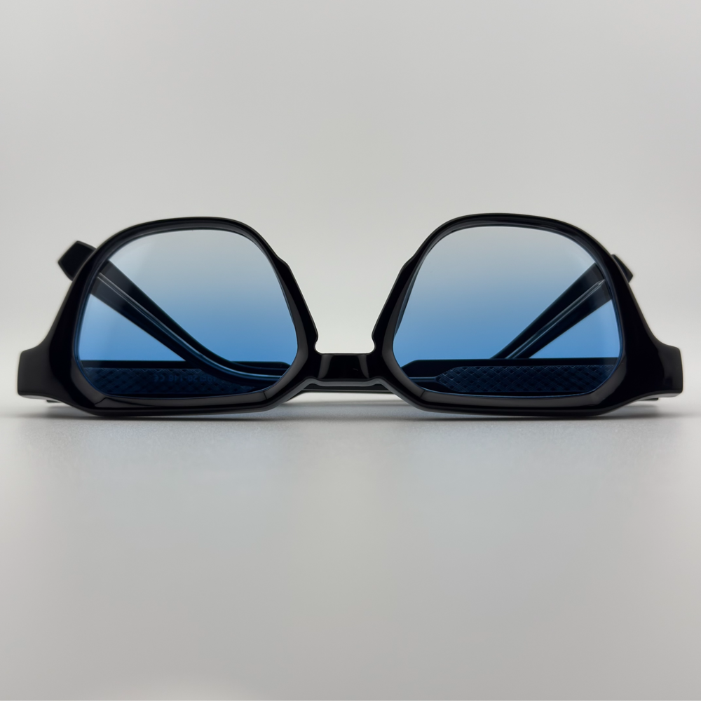 Velra PRISMA ICE – lunettes de soleil, vue du dessus : monture noir et bleu miroir avec effet miroir bleuté.
