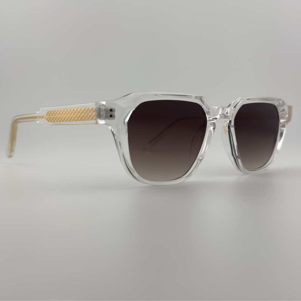 Velra PRISMA SMOKE – lunettes de soleil, vue de profil : monture transparente et verres fumés marron dégradé.
