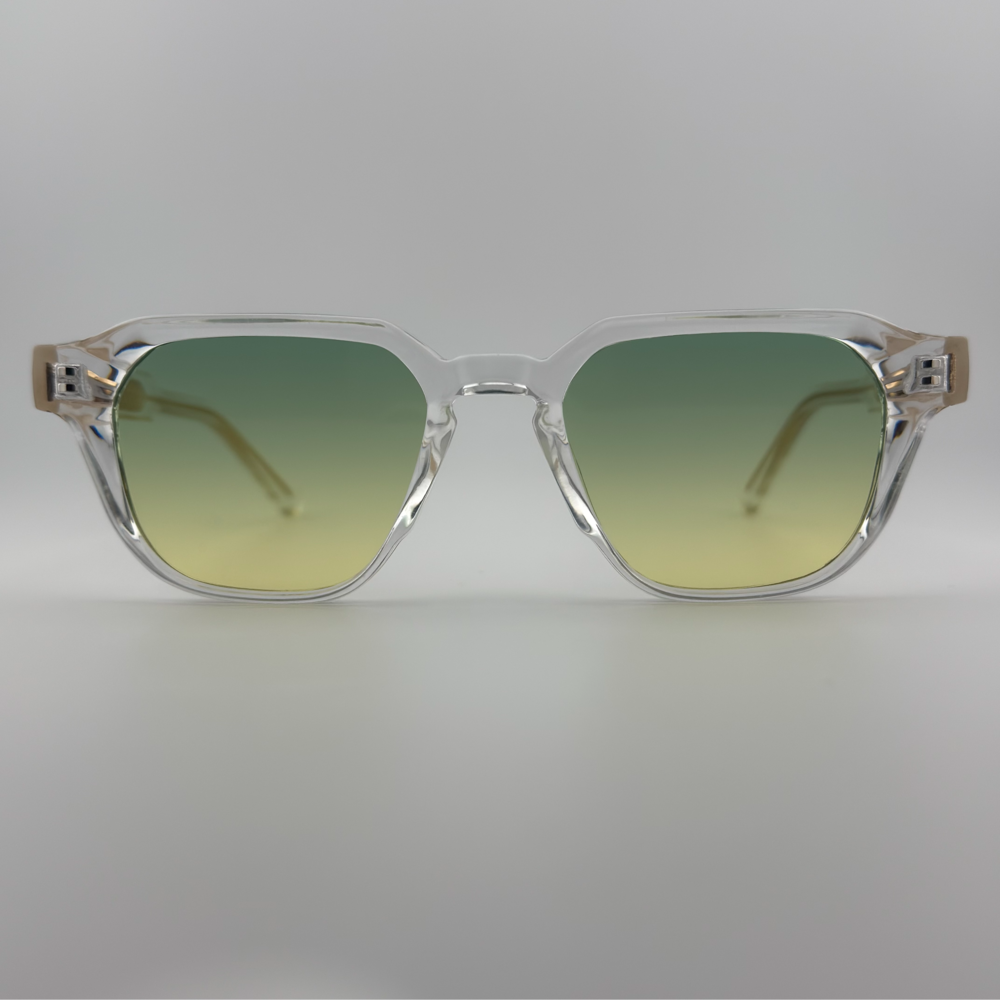 Velra PRISMA SPRING HAZE – lunettes de soleil, vue de face : monture transparente et verres vert clair avec verres verts adoucis.
