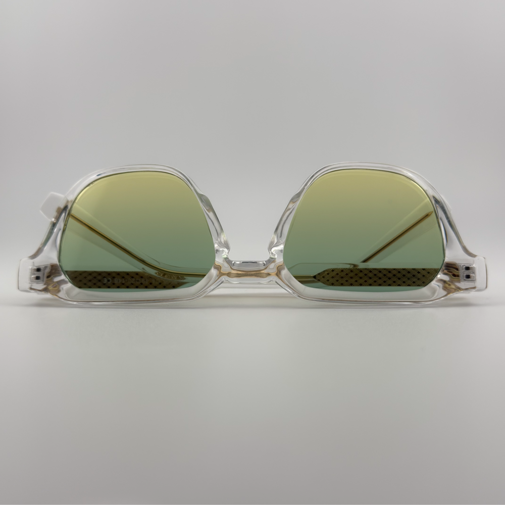 Velra PRISMA SPRING HAZE – lunettes de soleil, vue du dessus : monture transparente et verres vert clair avec verres verts adoucis.
